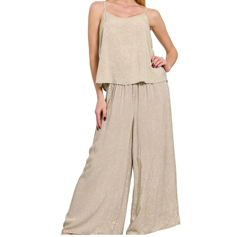 Zenana Beige Acid Wash 2 Piece Lounge Set Camisole Wide Leg Pants Womens‎ Small